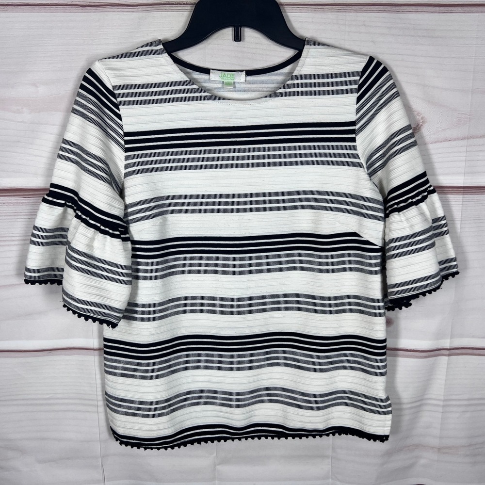 Jade Melody Tam Top Women XS White Black Striped Bell Sleeve Pom Pom Trim Blouse
